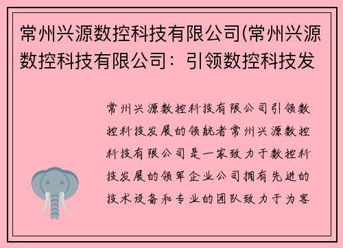 常州兴源数控科技有限公司(常州兴源数控科技有限公司：引领数控科技发展的领航者)